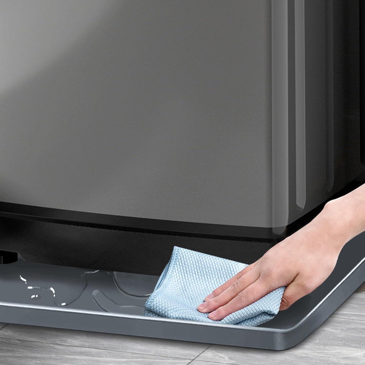 Huakaile 23.6''/60 CM Silicone Washing Machine Tray with Raised Edge, Non-Slip Washer Drain Pan Mat, Anti-Vibration Dishwasher Pan Topper for Leaks Drip Floor Fridge Dryer Protection (Gray)