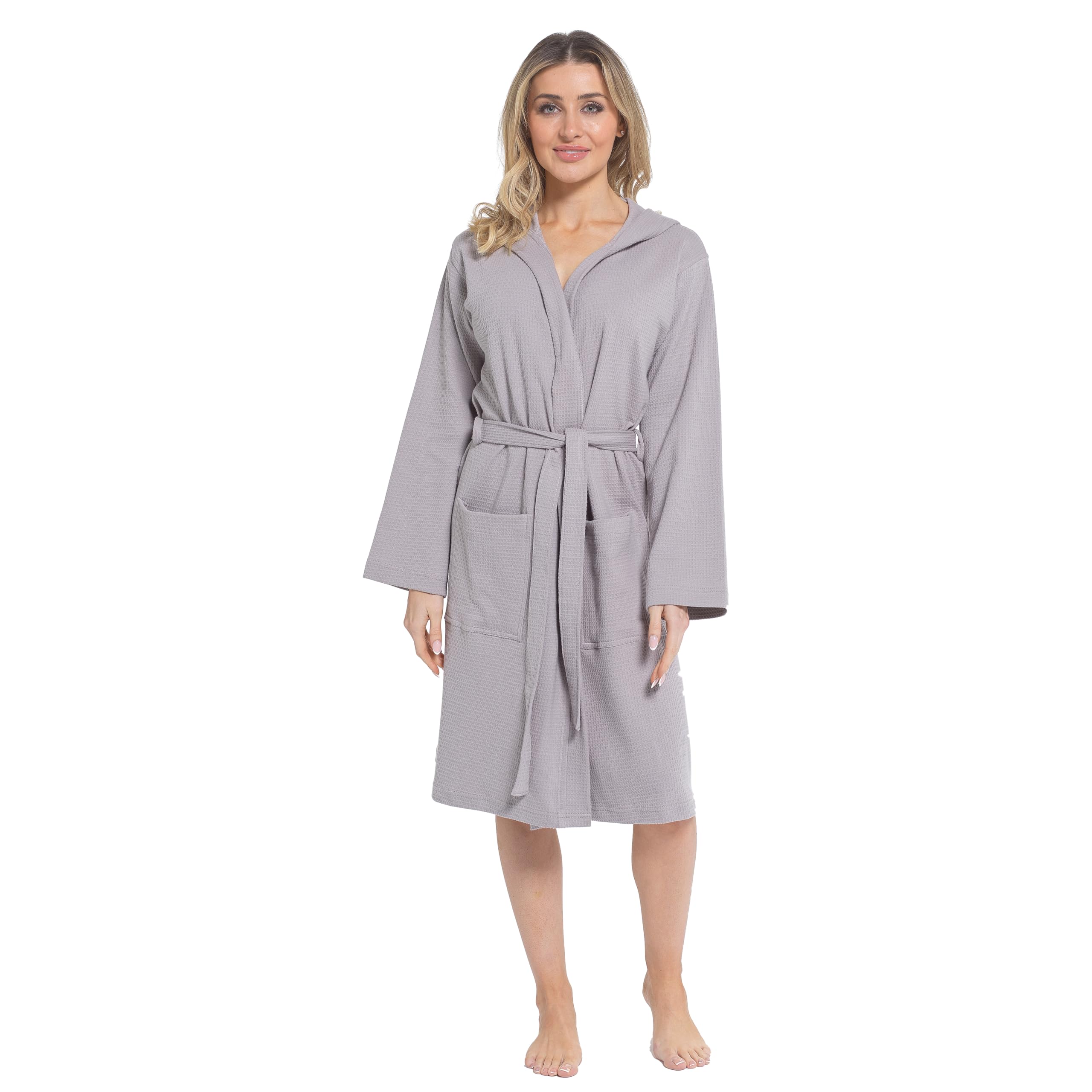 Daisy Dreamer Women's Hooded Waffle Cotton Bathrobe Dressing Gown Super Absorbent Spa Robes Ideal for Home & Loungewear, Grey Small