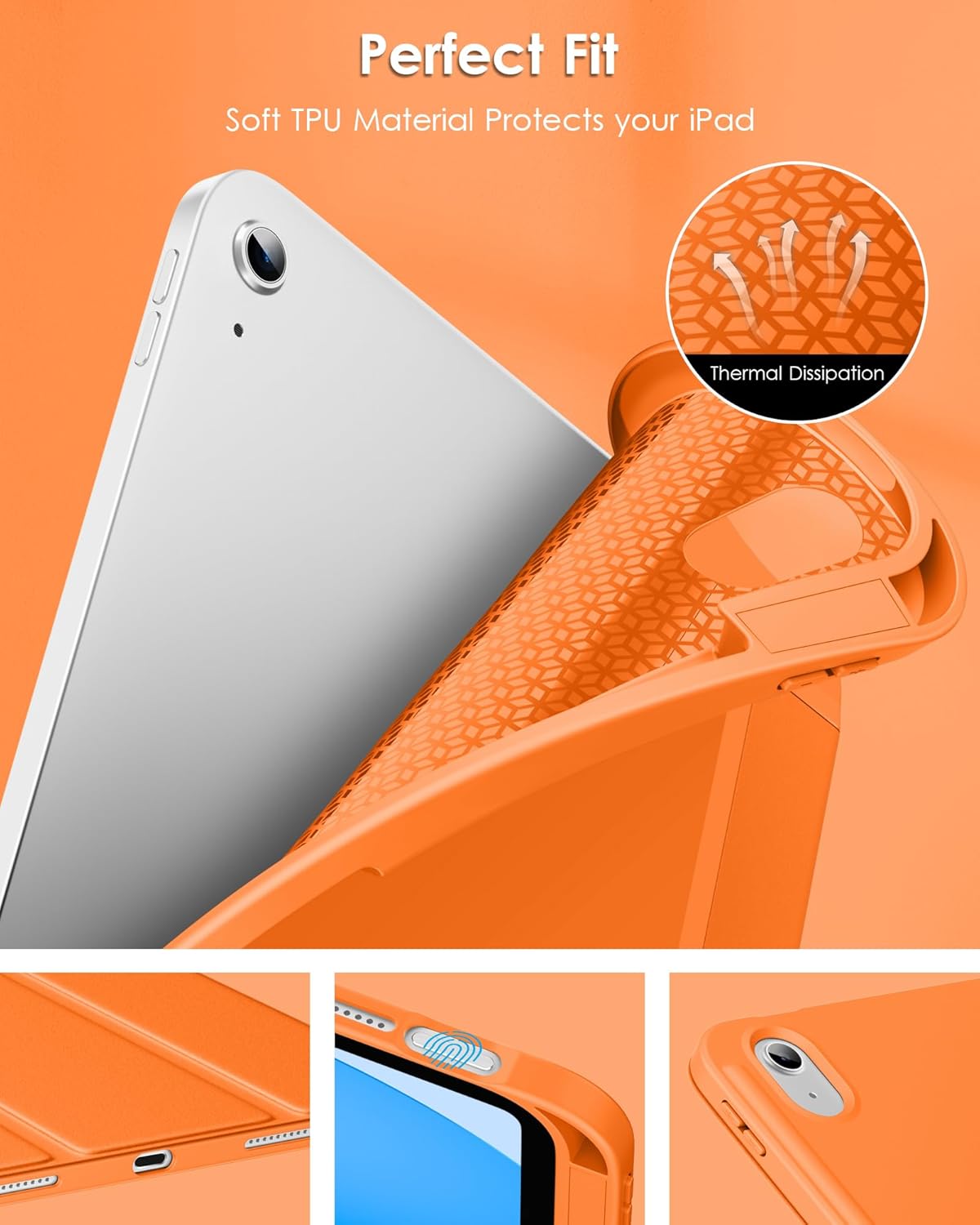 DTTO for iPad (A16) 11th Generation Case 11 Inch 2025, iPad 10th Generation Case 10.9 Inch 2022, Slim Tri-fold Stand Soft TPU Back Protective Cover with Pencil Holder - Auto Sleep/Wake, Orange