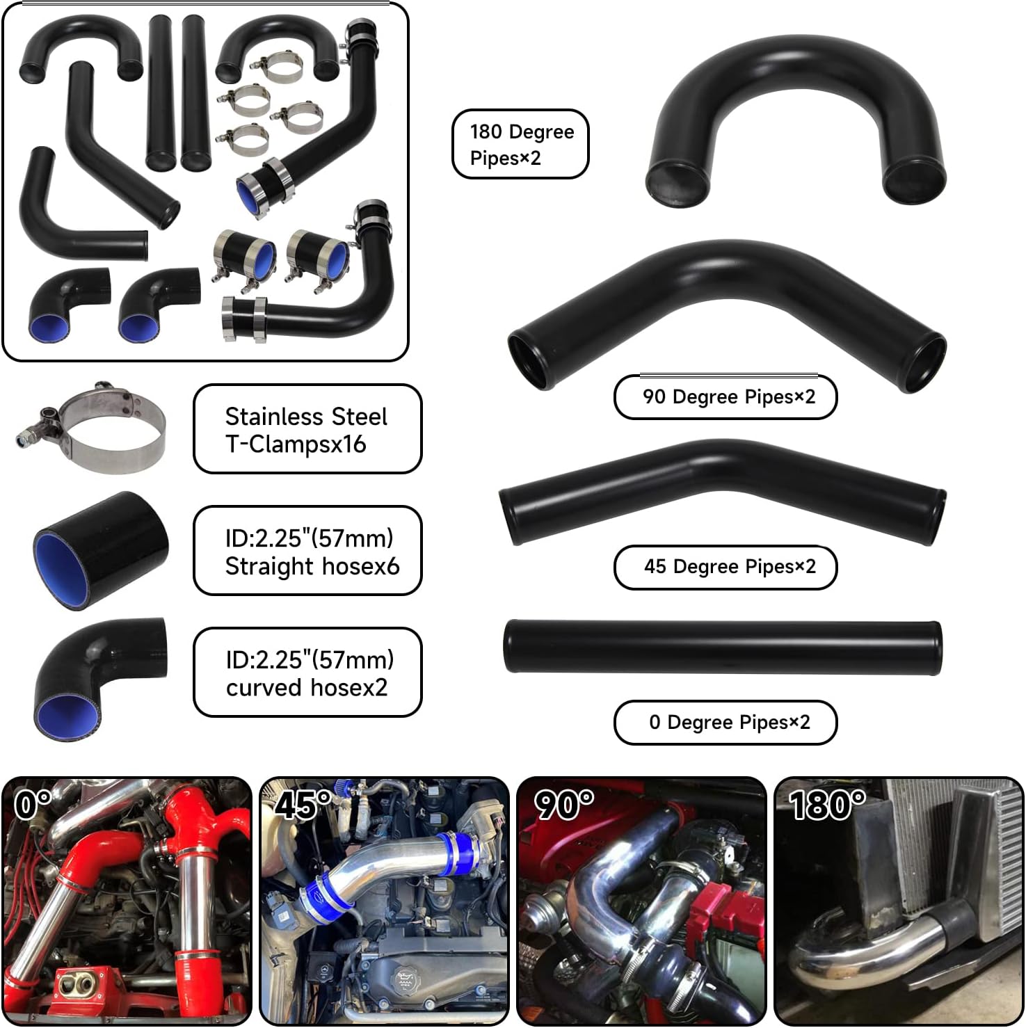 2.25" Universal Intercooler Piping Kit Turbo Pipe T-Clamp Silicone Hose
