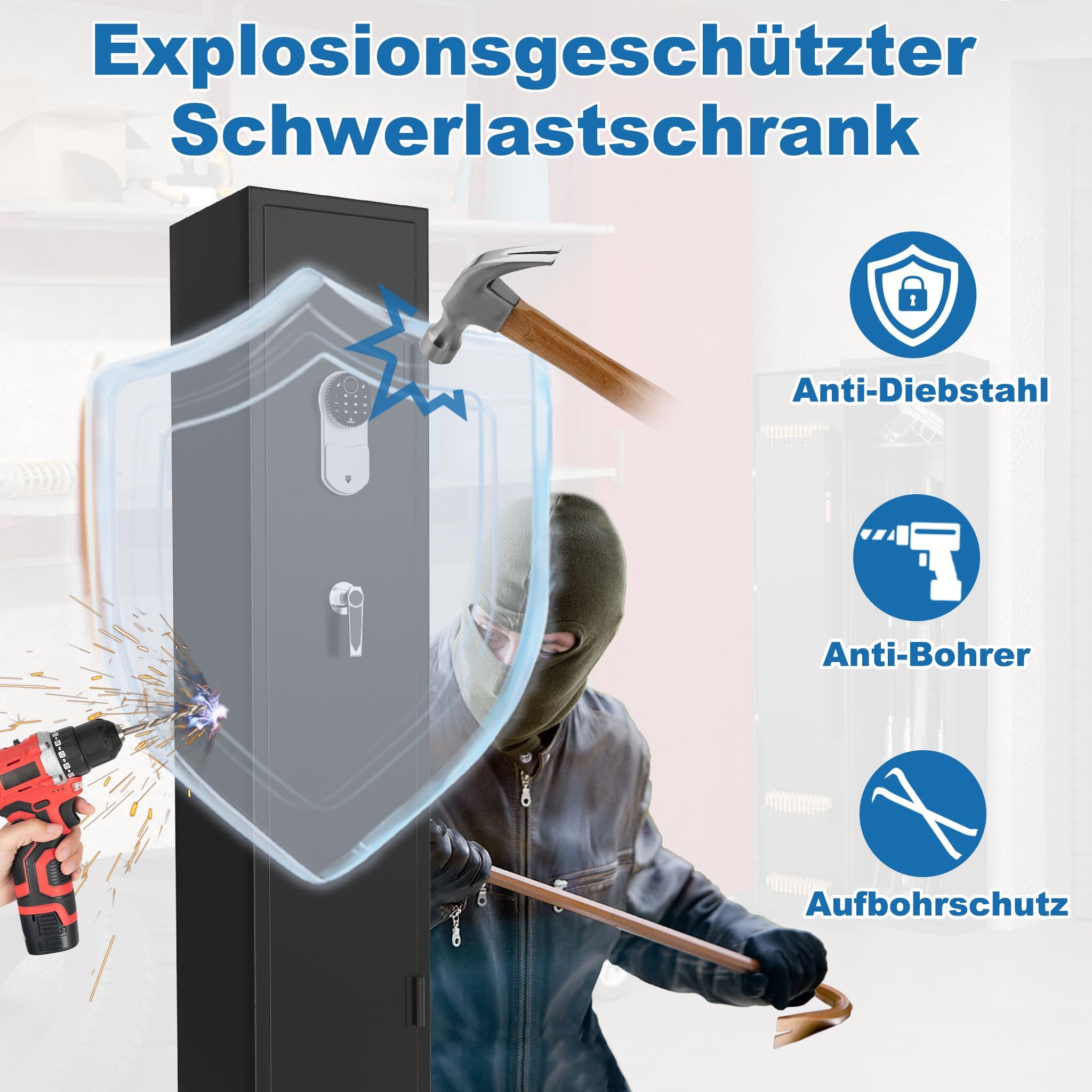 LARS360 Waffenschrank für bis zu 5 Langwaffen, Waffentresor aus Stahl, Langwaffenschränke Munitionsschrank mit Zahlenschloss, Alarmfunktion, LED-Innenlicht, inkl. 2 Notschlüssel und Montagematerial
