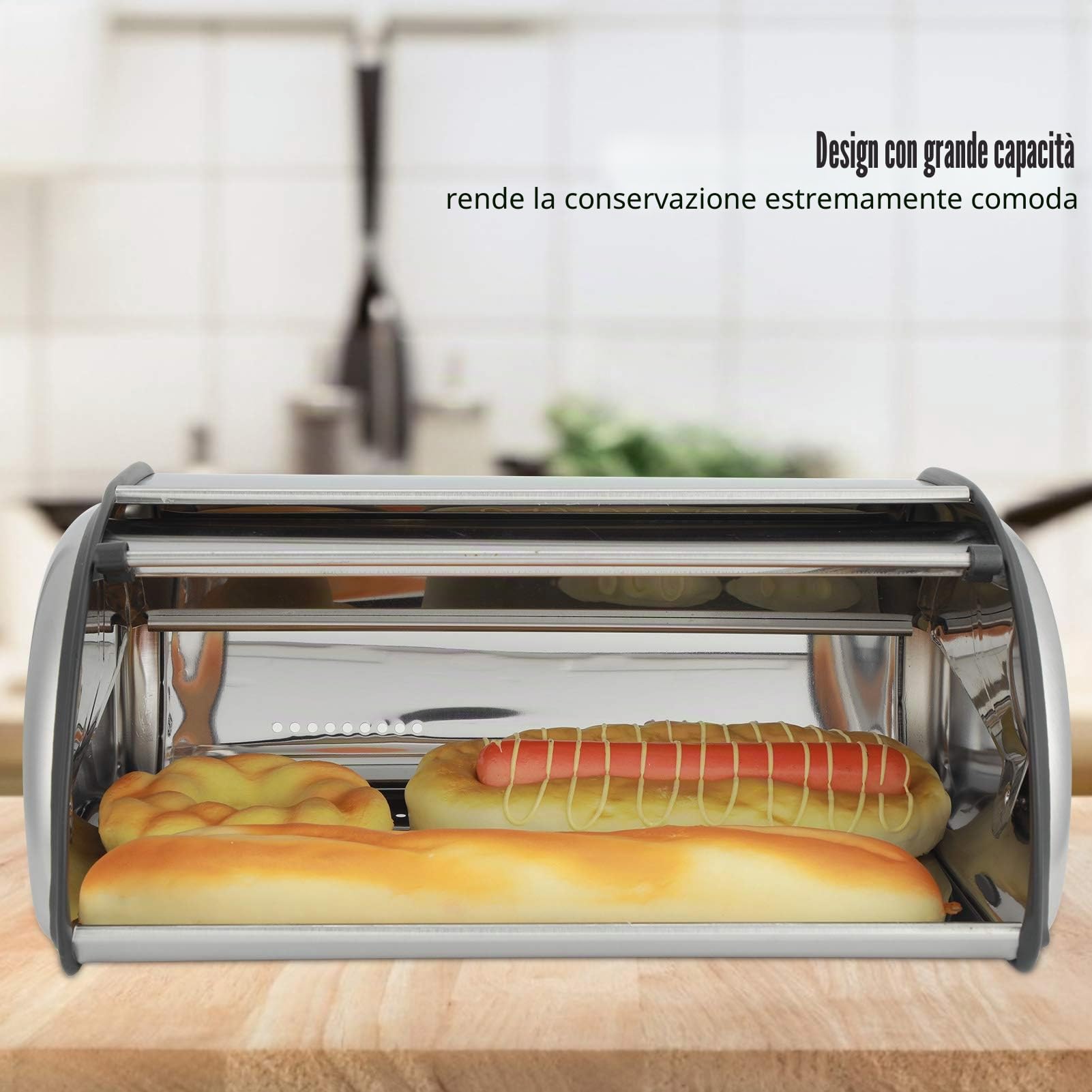 Portapane in Acciaio Inossidabile, Contenitore per Pane Satinato e Lucidato con Coperchio Scorrevole, Portapane di Grande Capacità per Bancone della Cucina - 33x24x15cm