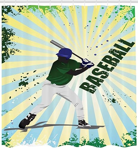 Miniatura 2 de Ambesonne - Cortina de ducha de béisbol, Grunge Softball Batter con un equipo de un atleta en la competición y acción retro ilustración, tela de