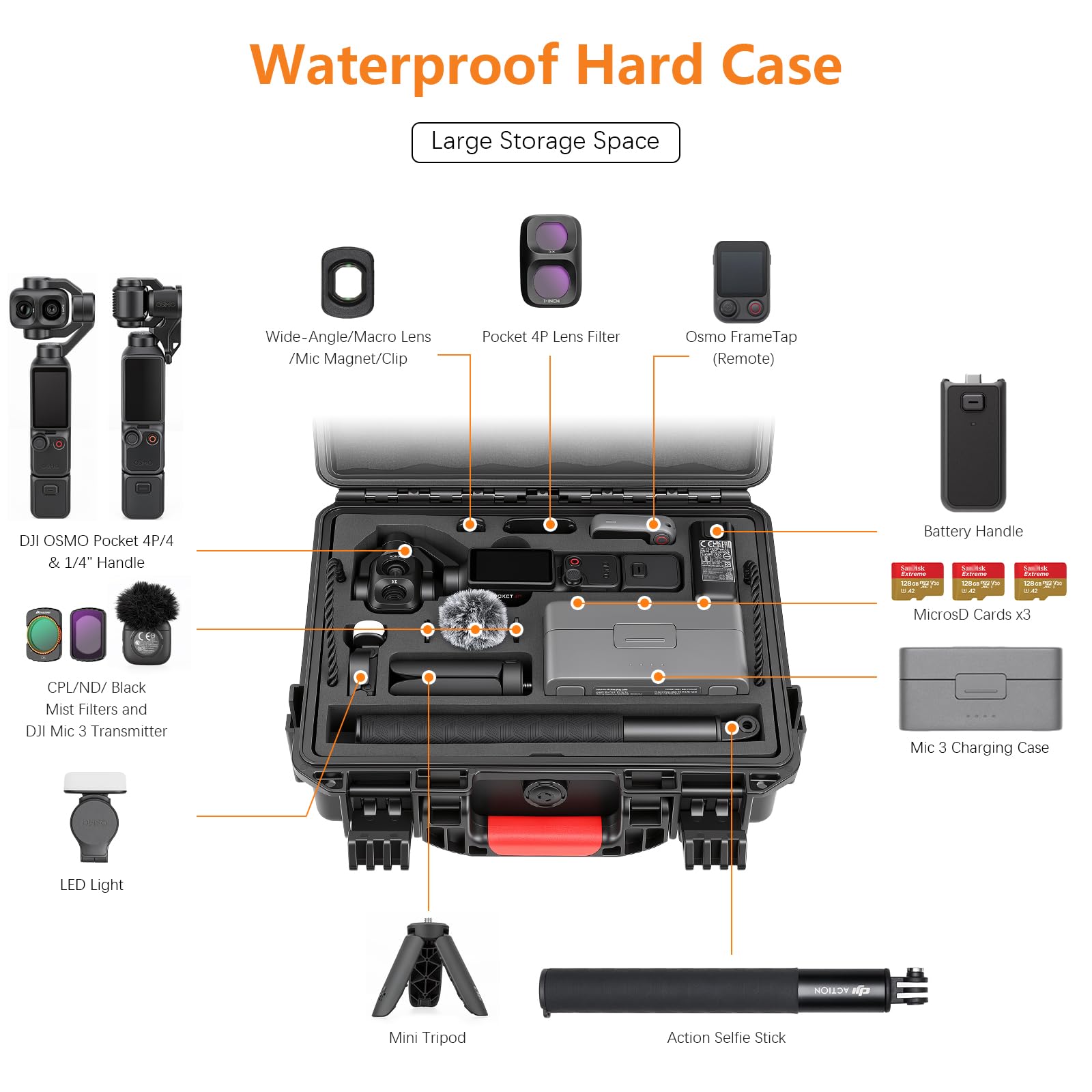 AMAZEAR Funda Impermeable para dji Osmo Pocket 4 Pro Accesorios y Cámara | Osmo Pocket 4 Pro/4 estuche rígido impermeable de doble capa, protección ABS+EVA, bolsa de viaje compacta para accesorios