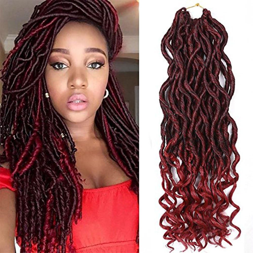 TINY LANA Godness Faux Locs Crochet Hair Braids with Curly Ends Wavy Synthetic Fiber Ombre Braiding Hair Extensions(6 Packs,18 inch, T-bug Color)