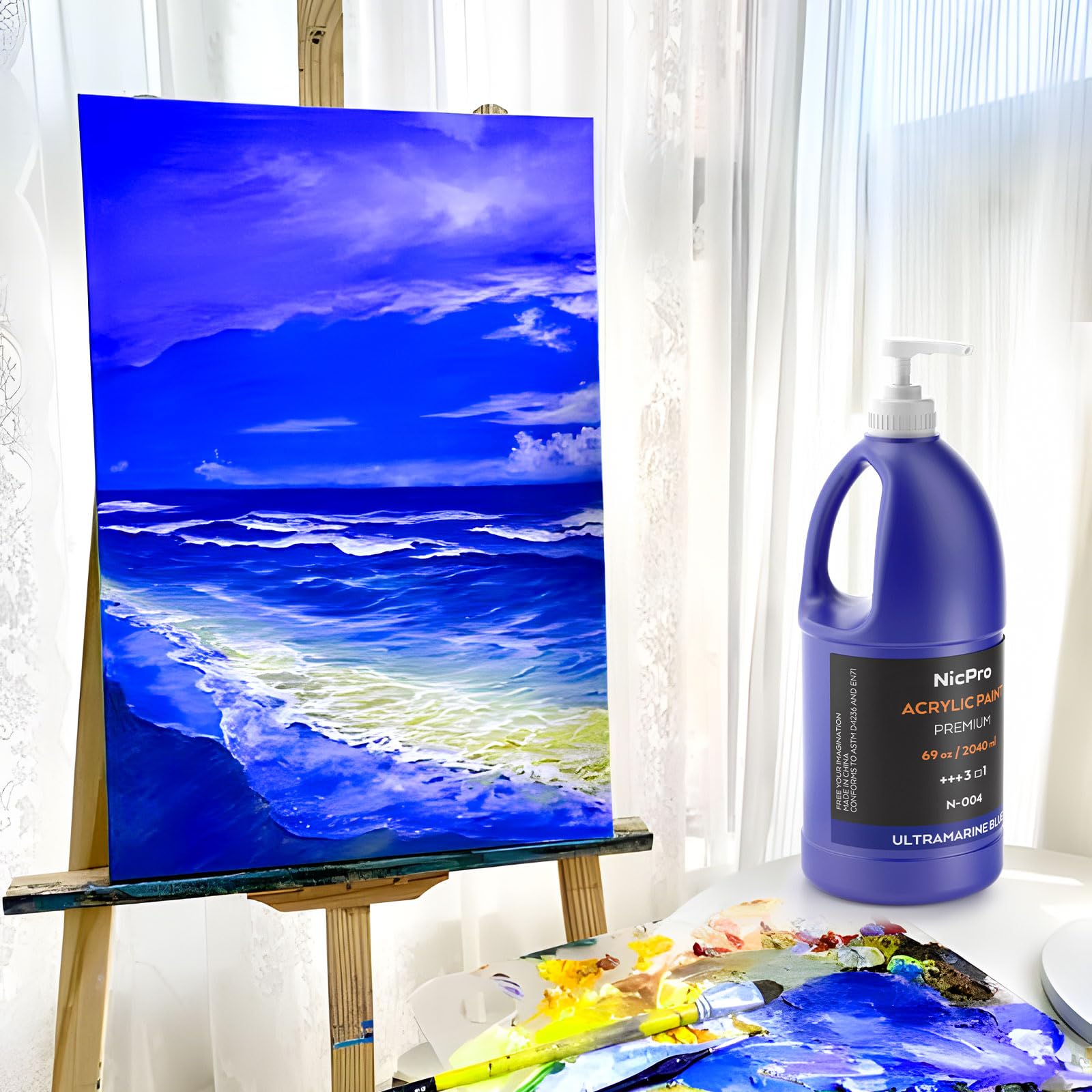 Nicpro Grand ensemble de peinture acrylique bleue (69 oz / 2040 ml) - Fournitures de peinture artistique riche non toxique pour plusieurs surfaces, toile, bois, cuir, tissu, pierre, artisanat pour
