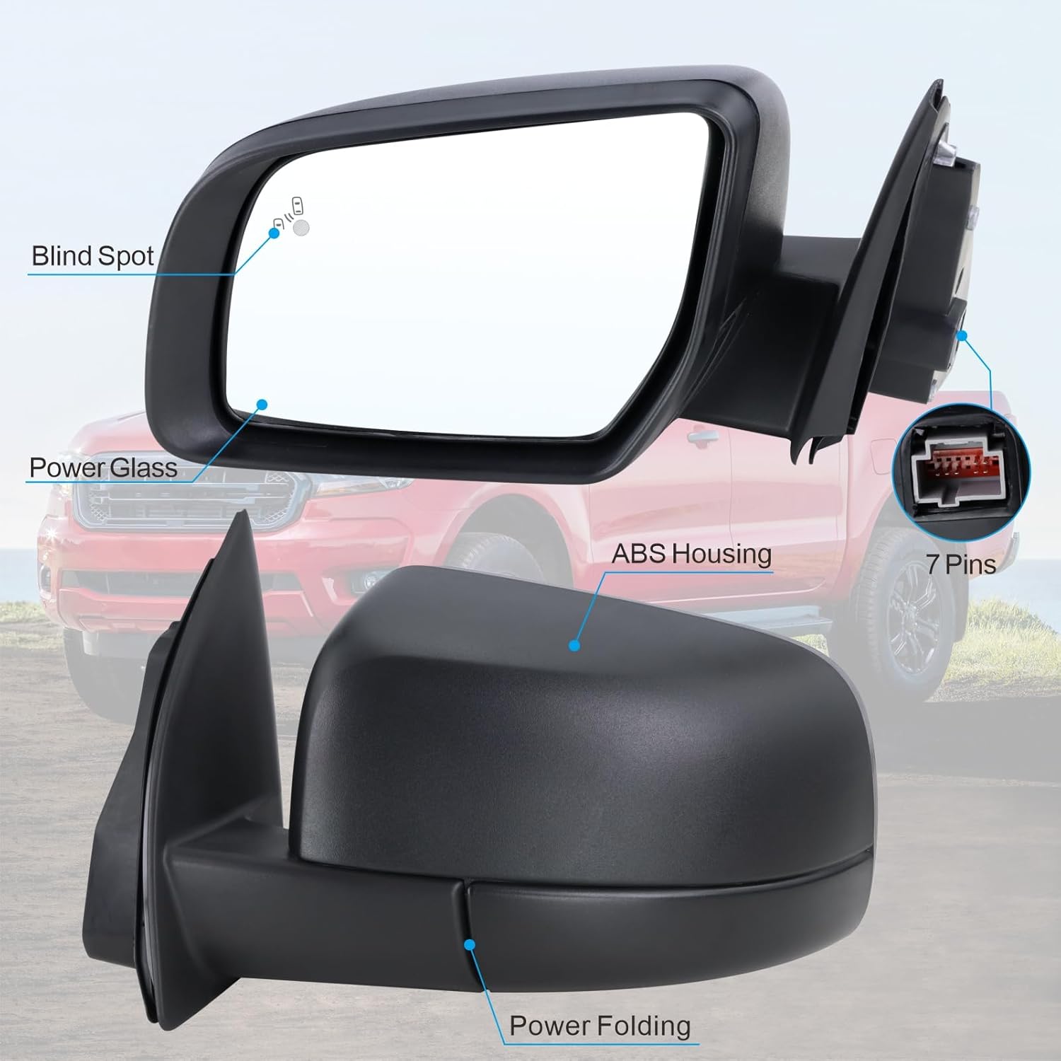 Left Driver Side Mirror Compatible With 2019 2020 2021 2022 2023 2024 2025 Ford Ranger With Power Folding Power Glass Blind Spot Matte Black Replace#KB3Z17683G(7Pins)
