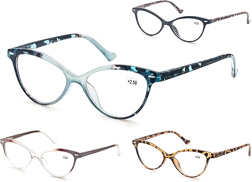 OLOMEE Gafas de lectura para mujer, diseño de ojo de gato + 3.25 lindos ojos de gato para mujer, 4 unidades, ligeros, ajuste cómodo