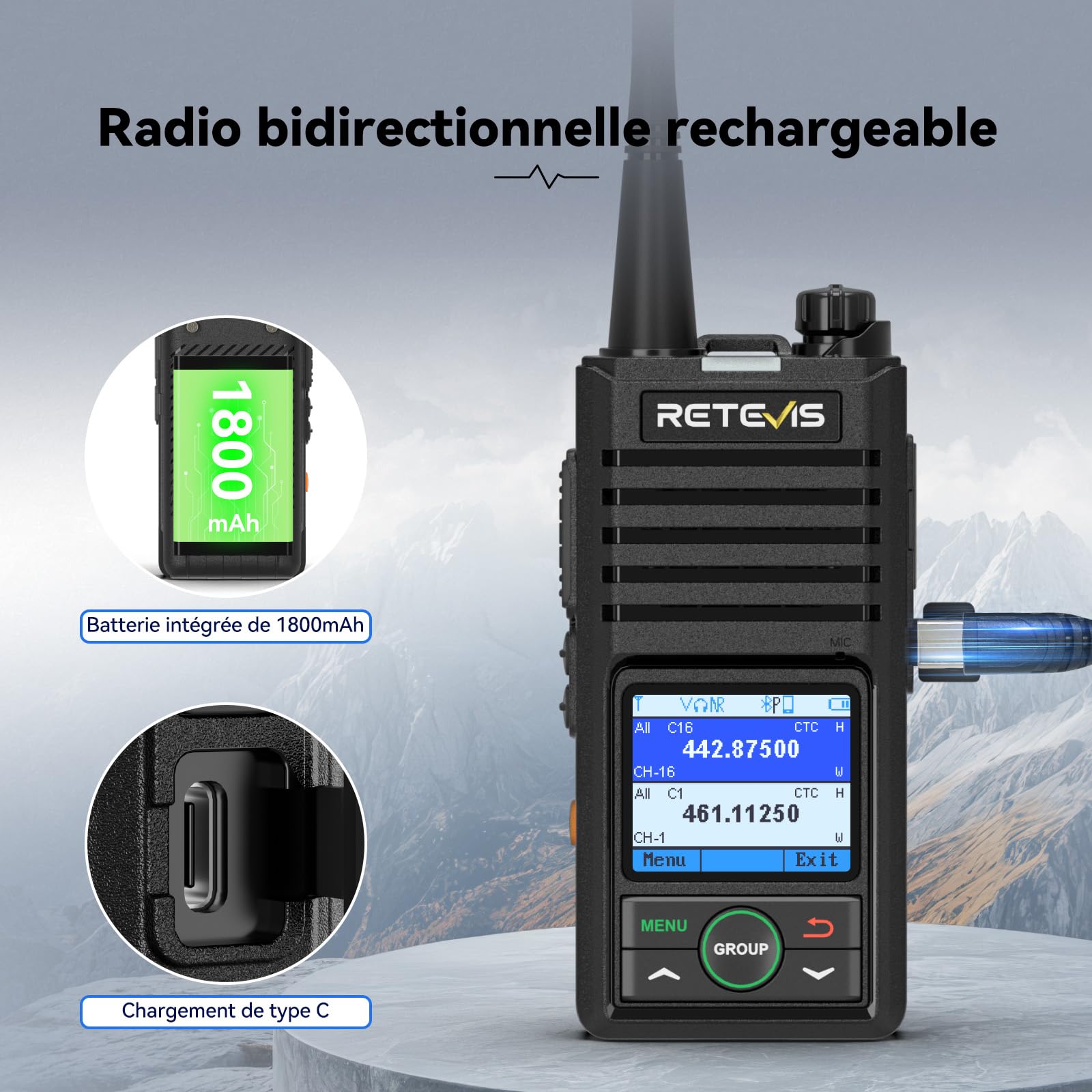 Retevis RB658 Talkie Walkie Réglage par App, Radio Bidirectionnelle Professionnelle, Réduction Intelligente du Bruit, Alarme, 1800 mAh, Talkie-Walkie pour Adultes, Moto (1 Pcs, Noir)