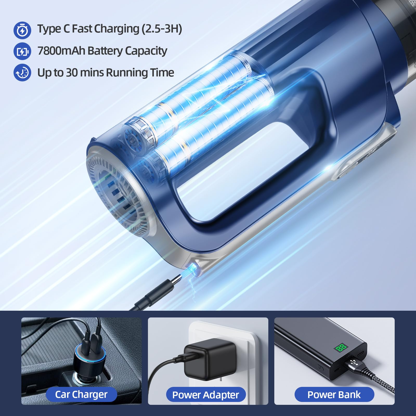 MONOZEL Car Vacuum Cleaner High Power, 18000Pa 2 in 1 Vacuum Cleaner&Air Duster, 130W Brushless Motor Handheld Vacuum Cordless with 7800mAh Battery, LED Light, Multi-Nozzles for Car, Home, Office, Pet view 8