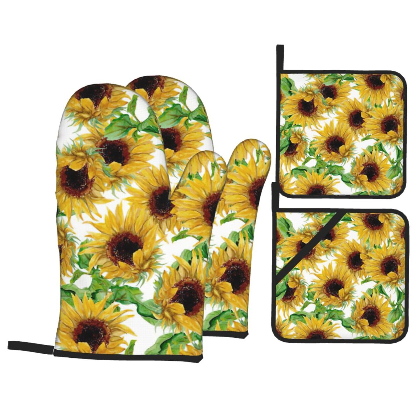 Yellow Sunflowers Print Kitchen Oven Mitts And Pot Holders Set,Hanging Loop Design For Cooking Baking Bbq