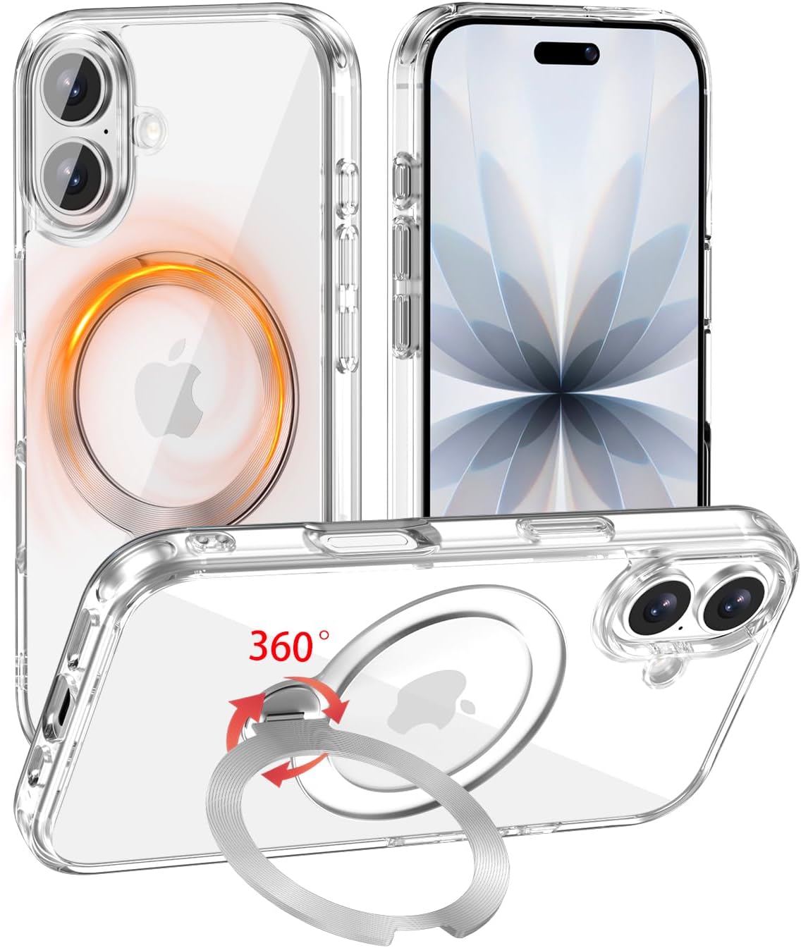 for iPhone 17 Case Clear with 360°Spin Magnetic Stand,Compatible with MagSafe, Military-Grade Slim Protective Cover Kickstand & Ring Holder,Transparent 6.3"