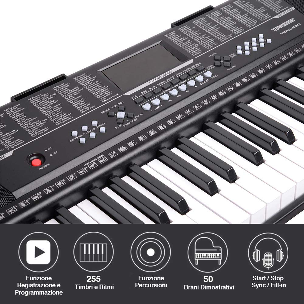 Bakaji - Teclado musical plano electrónico, 61 teclas, piano multifunción con soporte para taburete y auriculares, 255 ritmos, entrada USB AUX y atril