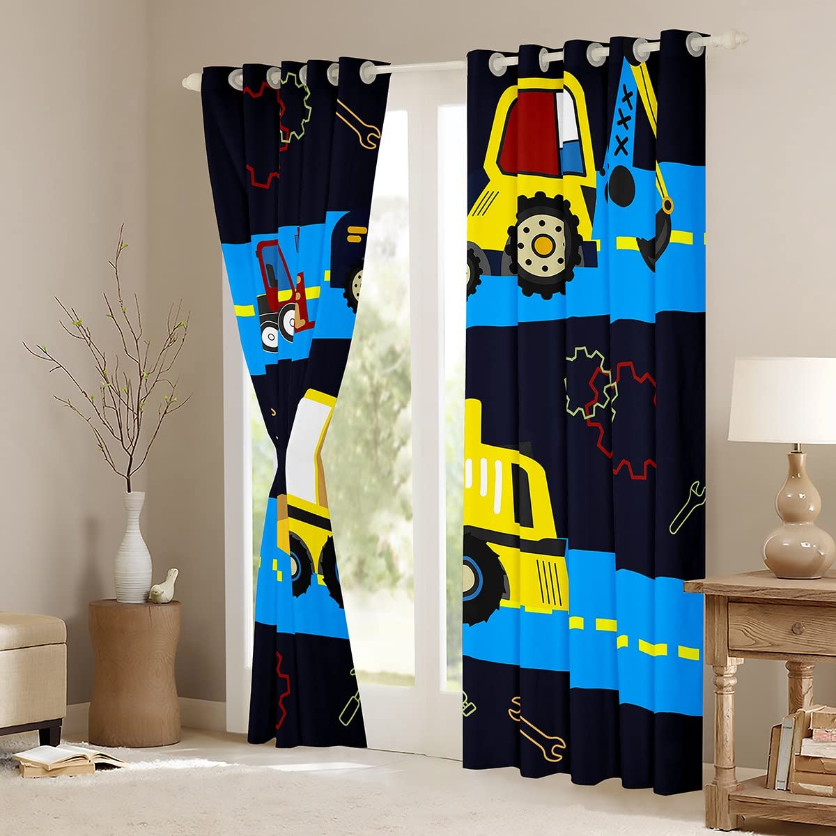 Cortinas de Ventana de construcción para niños, para Dormitorio, Sala de Estar, maquinaria de niños, Cortinas de Ventana de camión, Sitio de construcción, Cortinas de vehículos de Coche, excavadoras,