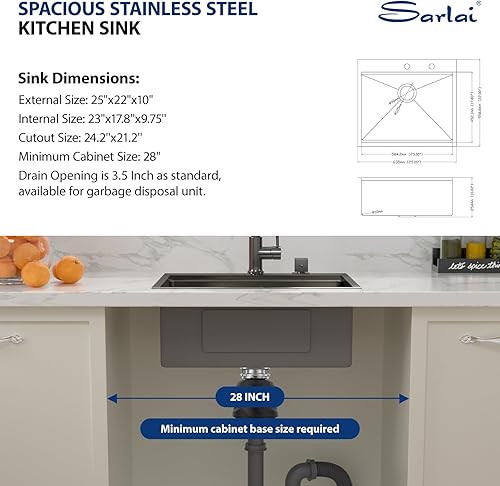 Miniatura 56 de Sarlai Fregadero de barra de 21 gotas de acero inoxidable - Fregadero de cocina de 21 x 20 pulgadas, estación de trabajo de montaje superior, acero