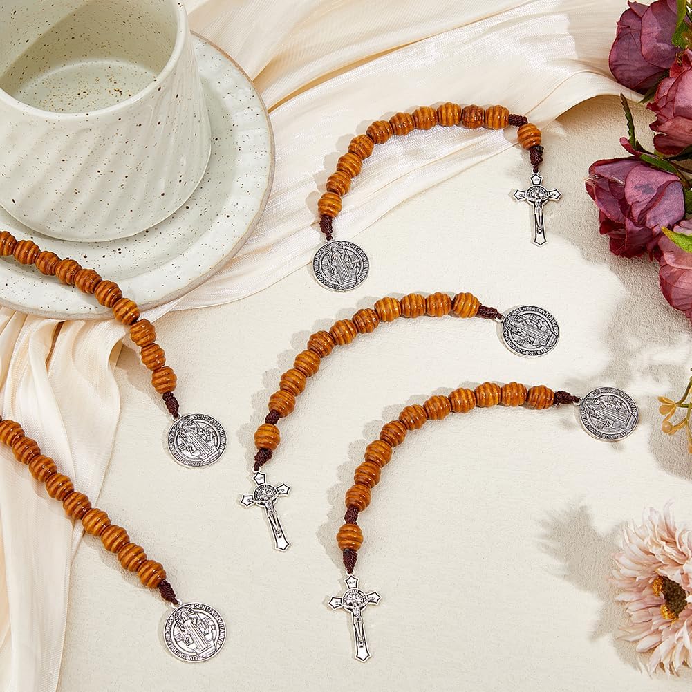 DICOSMETIC 4Pcs Saint Benedict Medal Pocket Rosary Open Style One Decade Rosary Wood Beads with Medal and Crucifix Catholic Christian Religious Gift for Men Women, 19.7cm - Image 4