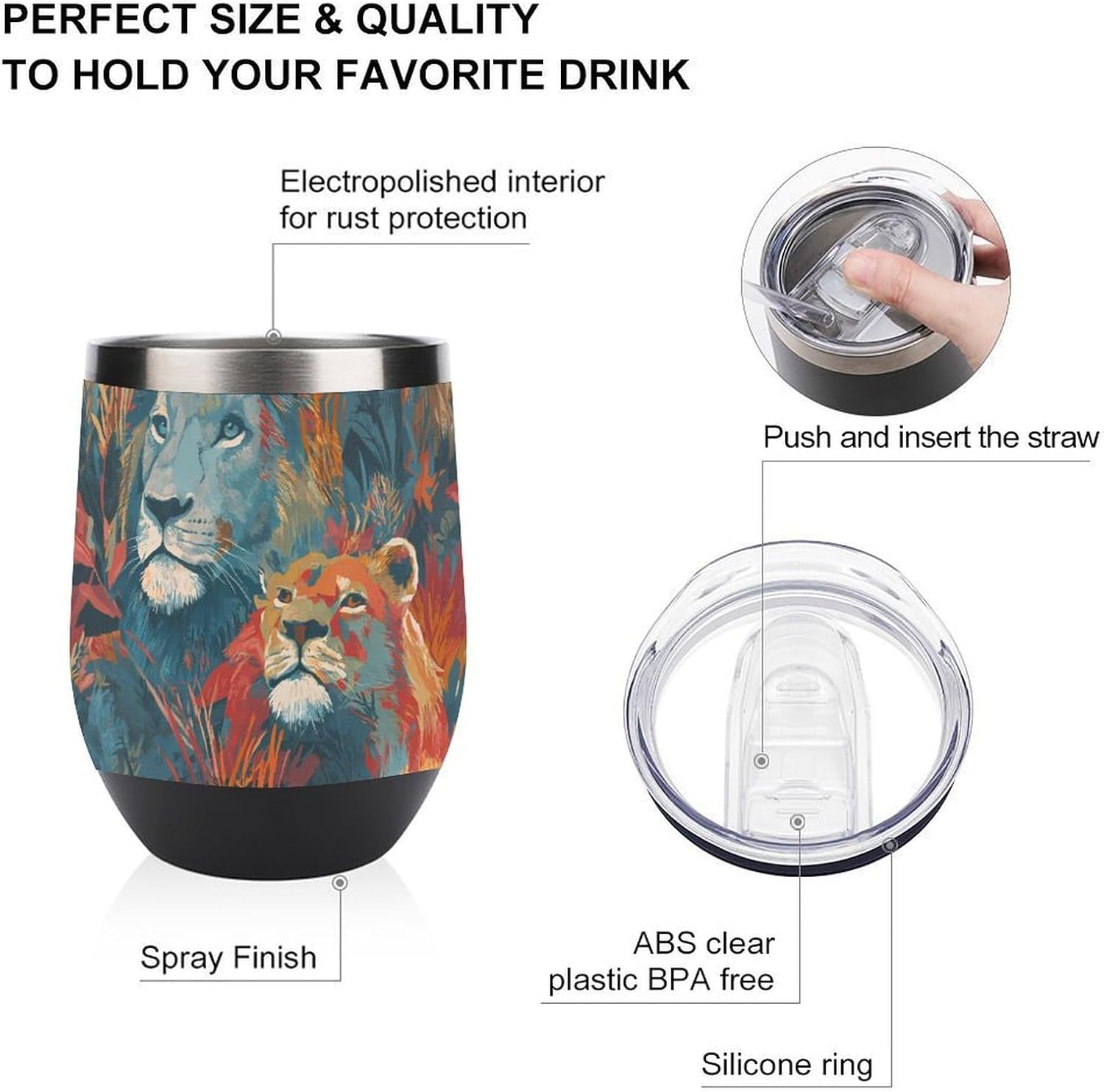Tie-Dye Lion Floral Insulated Drinking Cup Stainless Steel Coffee Mug Wine Tumbler with Lid 12OZ