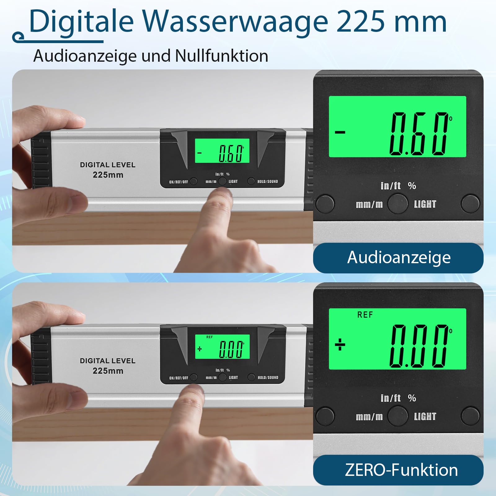 Digitale Wasserwaage 225mm, Winkelmesser mit Wasserwaage, Magnetischer, V-Nut Basis, Hochhelles LCD-Display, Neigungsmesser & Winkelmesser für präzise Messungen, Bau, Werkstatt, Solar & Auto
