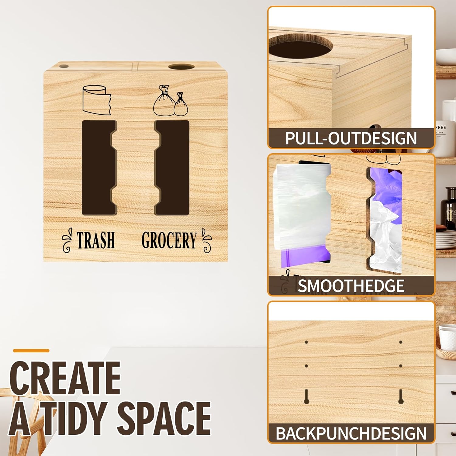 2 in 1 Trash Bag Dispenser and Grocery Bag Holder, Large Wooden Plastic Bag Holder, Wall Mount Trash Bags Holder for Grocery and Plastic Bags, Kitchen and Laundry Room Organization