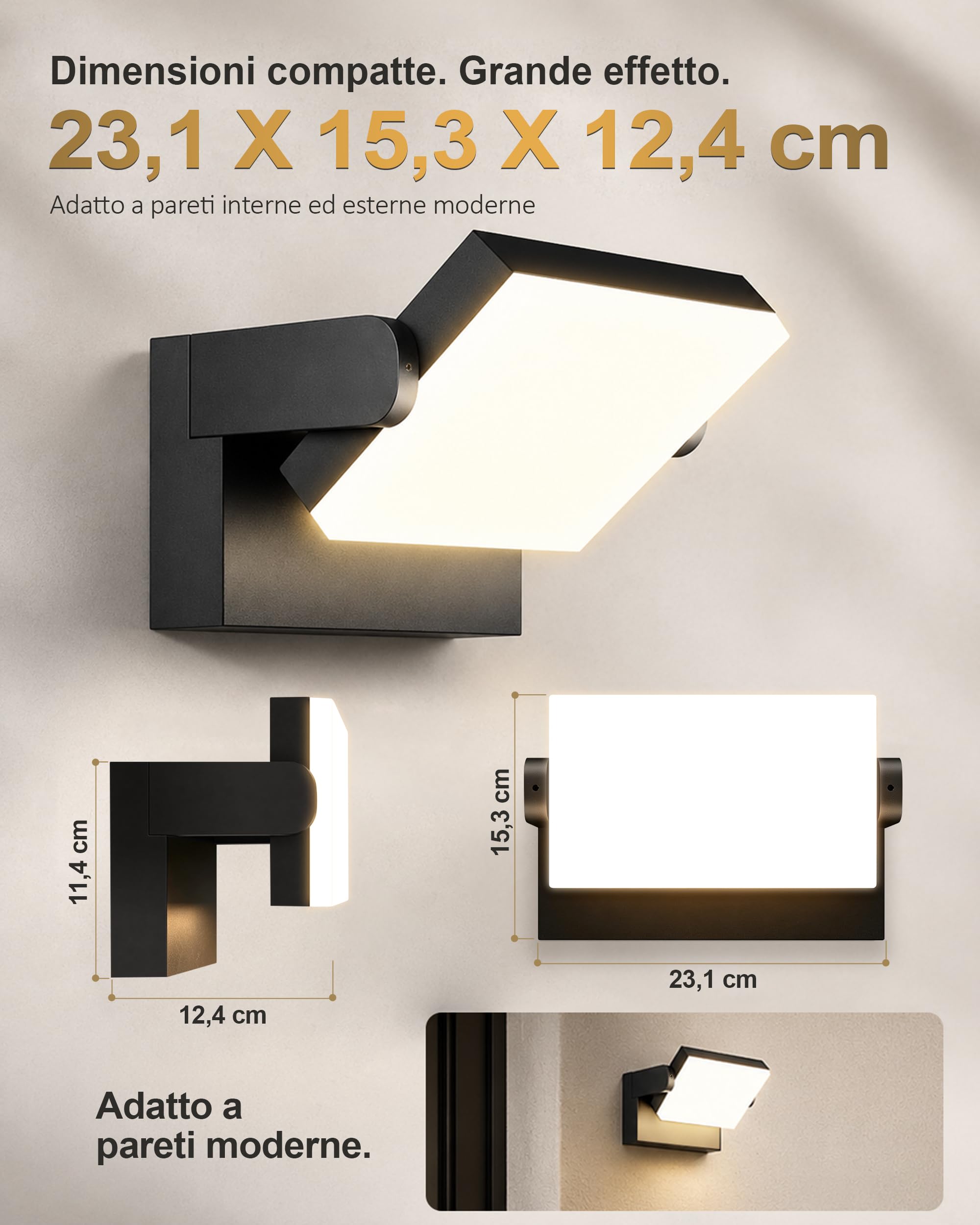 Kingwen Applique LED Esterno 4 Pezzi 40W 3000K Orientabile 360° Nera | 5000 lm, impermeabile IP65, in alluminio pressofuso, ideale per giardino, terrazza, ingresso e ambienti interni.