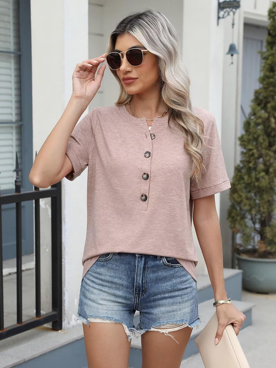 EADINVE Womens Tshirts Crew Neck Short Sleeve Summer Buttons Tops Casual Roll Sleeve Basic Tee Shirts Trendy Loose Fit - Image 3