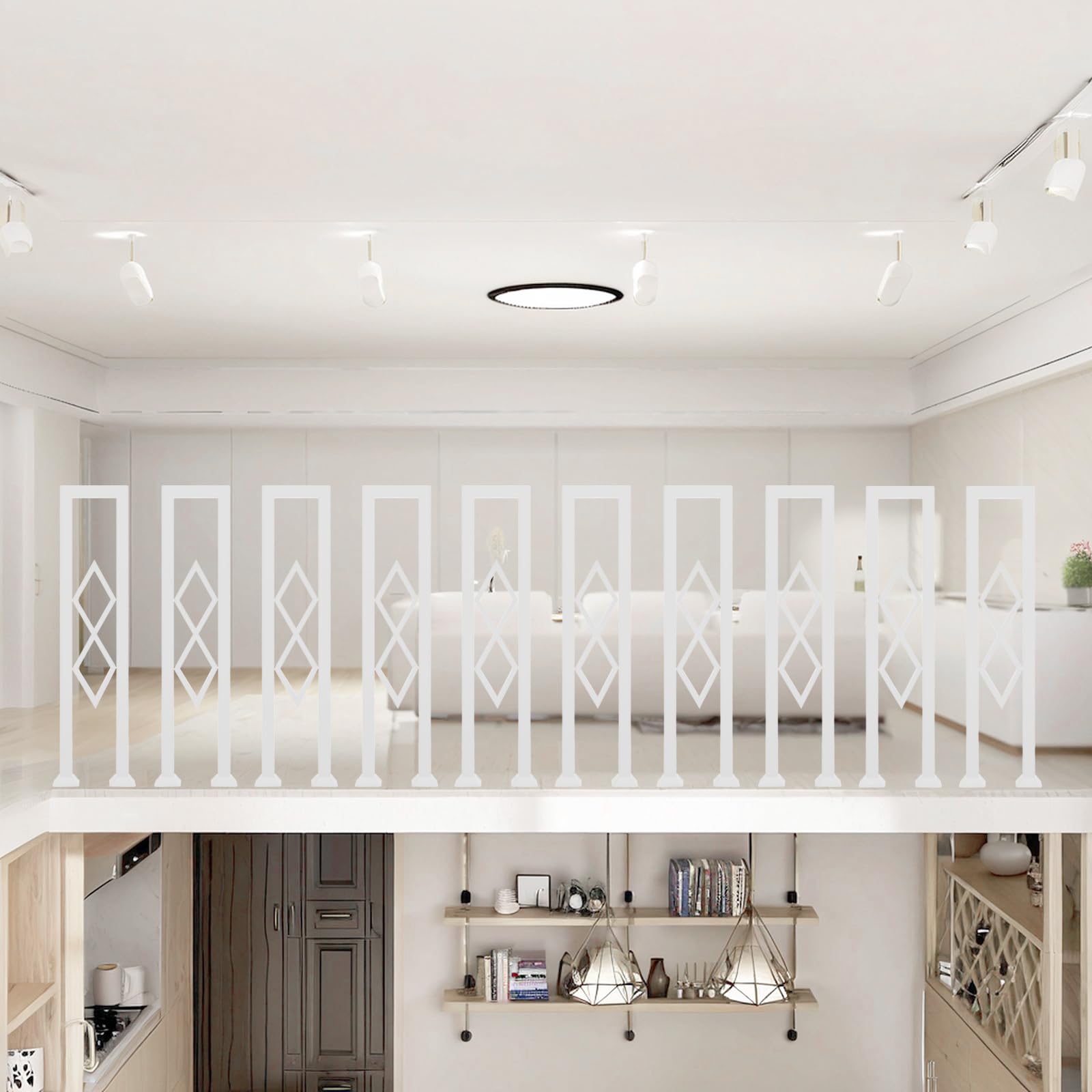 Barandilla Escalera en Forma de U, Metálico Pasamanos con Diseño Diamante y Base Tapa, Interior Parapeto para Loft, Balcón, Balaustre Exterior, Instalación Vertical (Blanco, 110cm)