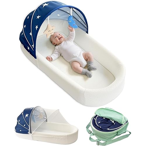 Large Portable Baby Lounger Nest-Travel Bassinet,Canopy & Mosquito Net-Lightweight Foldable Bassinet Lounger Cotton Cover & Supportive Mattress pad Washable Indoor-Outdoor Use,Blue