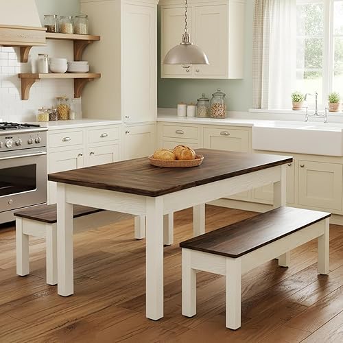 Miniatura 8 de Tribesigns Juego de mesa de cocina de 55 pulgadas para 4-6 personas, mesa de comedor de granja que ahorra espacio con 2 bancos, juego de comedor de