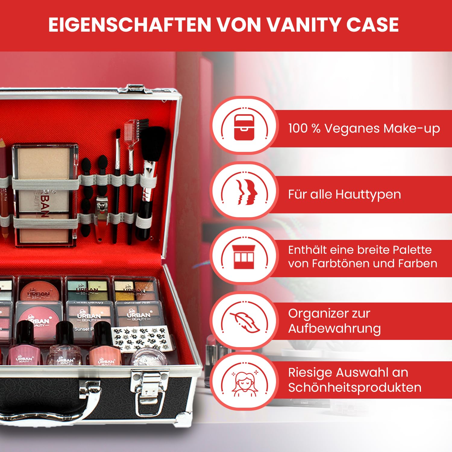 Love Urban Beauty Veganes French Maniküre Makeup Box - 76-teiliges Makeup Set - Enthält Lidschatten, Highlighter, Lippenstift, Rouge, Pinsel, Maniküre Zubehör - Idealer Schminkkoffer für Zuhause