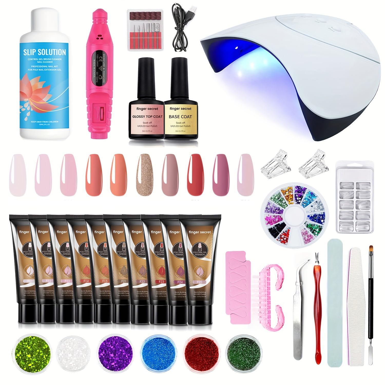 Finger Secret Poly Nail Gel Kit - Poly Extension Starter Kit Nail Art Set with UV Lamp, Nail Drll, Nude Pink Poly Flase Nails Gels for Salon French Manicures All-in-One Beginners With Everything