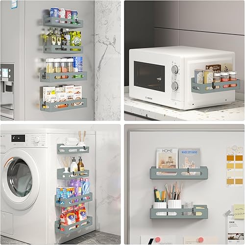 Miniatura 76 de Paquete de 4 estantes magnéticos para especias para refrigerador, organizador de especias, estante magnético móvil con 4 ganchos para organización