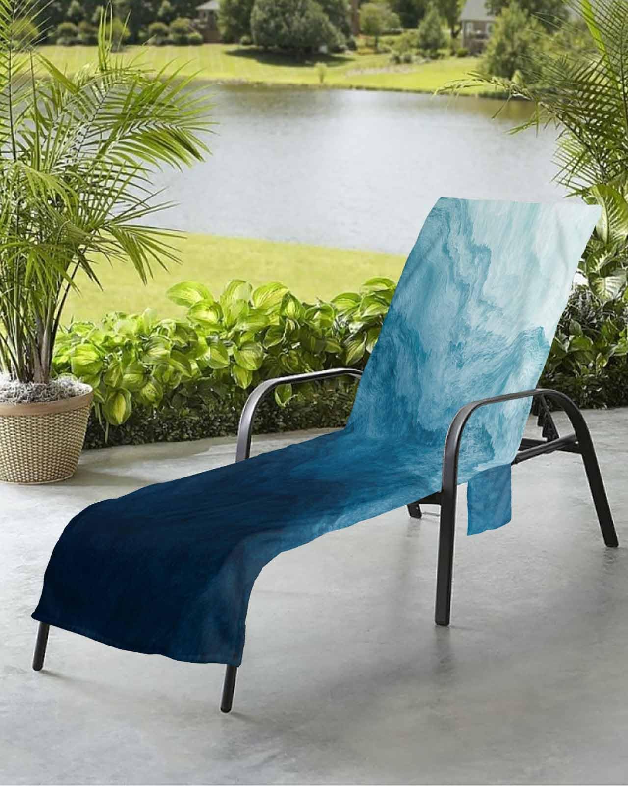 Coastal Blue Beach Chair Towel Covers for Chaise Lounge with Side Pocket, Soft Plush Pool Towels Cover for Patio Sunbathing Outdoor 29''x85'' Beach Ombre Abstract Modern Gradient Waves