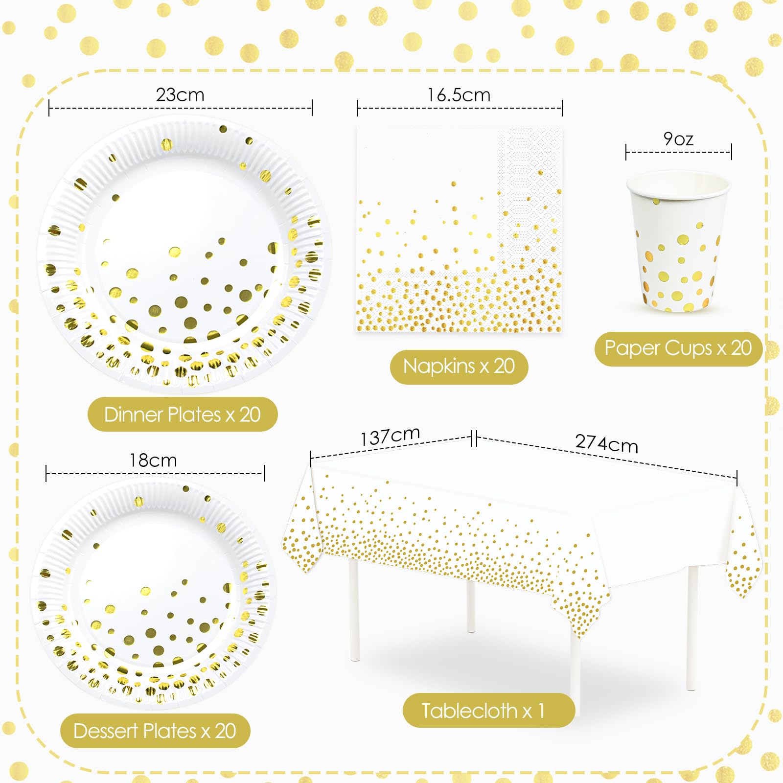 HNH Set Stoviglie Per Feste 81 Pezzi Bianco Con Lamina Oro – Piatti, Tovaglioli, Bicchieri E Tovaglia – Per 20 Persone