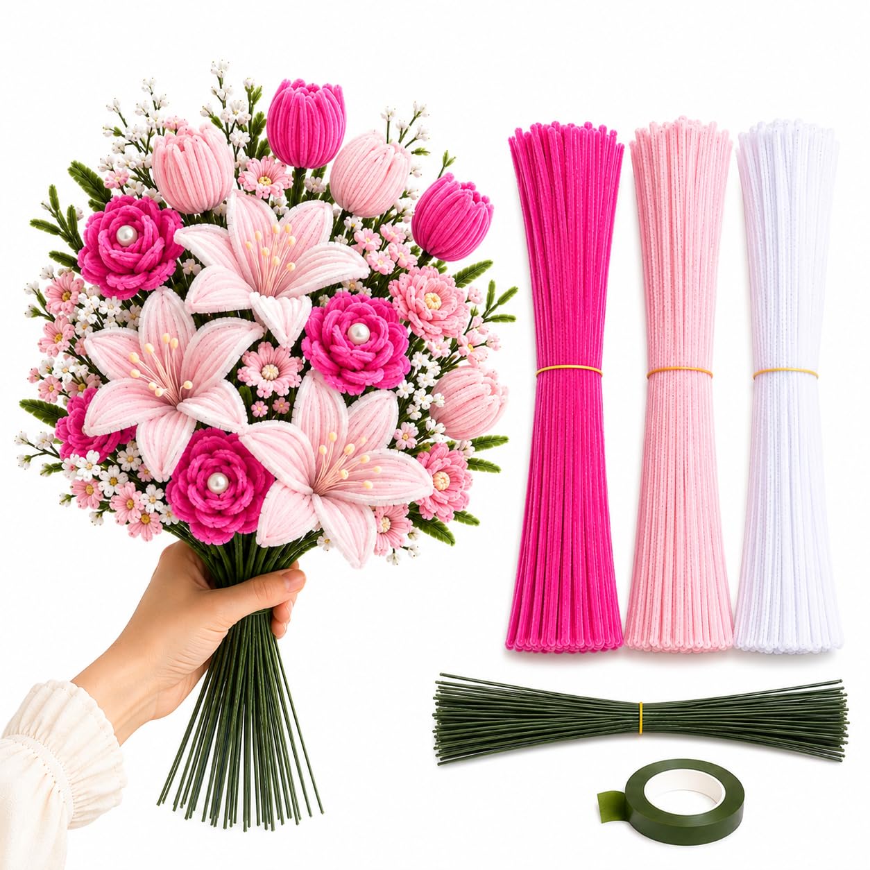 ShagunSaaj Pipe Cleaner for Bouquet DIY Craft Flowers Kit – Fuzzy Chenille Stems & Fluffy Sticks for Arts & Crafts, Creative School Projects, Kids Craft Supplies, Home & Party Decor (Pink Palette)-picture-48