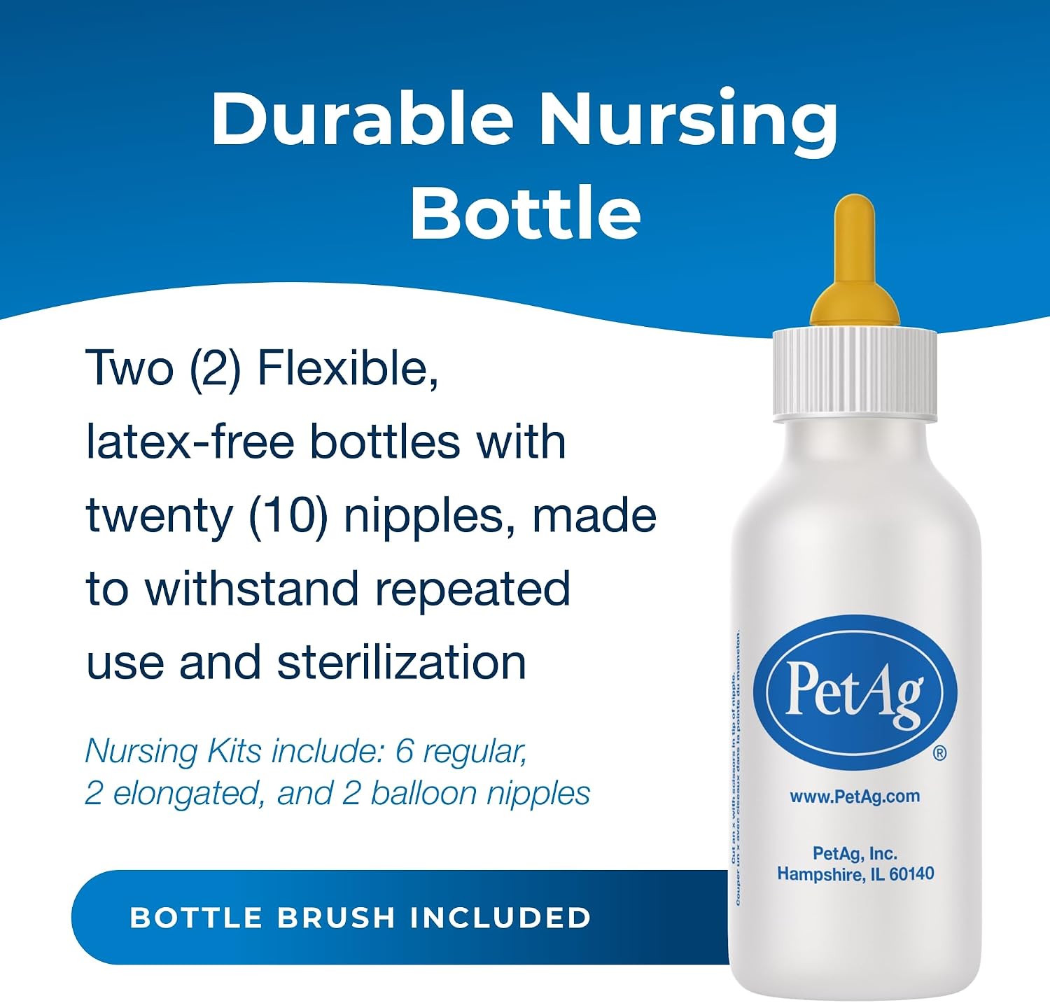 PetAg Nursing Kit - 2 oz, Pack of 2 - Promotes The Natural Feeding of Liquids to Baby Animals - Each Kit Includes 2 oz. Bottle with Cap, 5 Nipples & Cleaning Brush