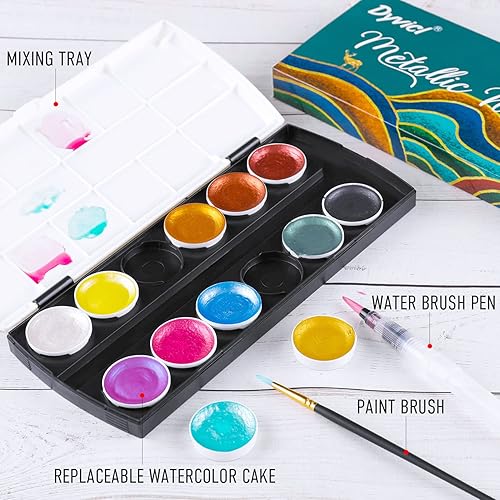 Miniatura 4 de Dyvicl Juego de pintura de acuarela metálica con purpurina, 2 generación, 12 colores surtidos, caja portátil con cepillo de agua, detalles metálicos