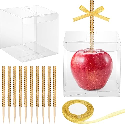 Anglekai 10+10 cajas de manzana de caramelo con agujero y palos, 10 palitos de manzana de caramelo brillante, 10 cajas de manzana de caramelo con