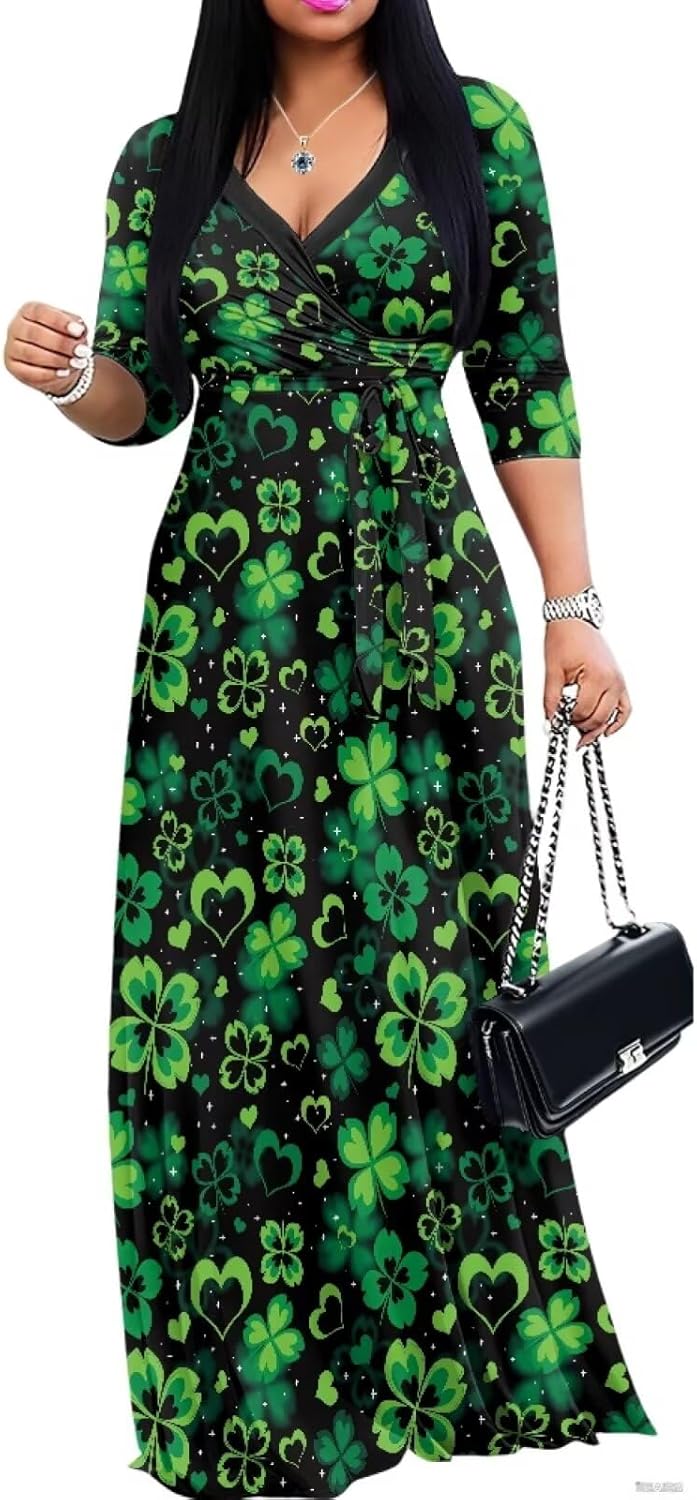 Plus Size Maxi Dress for Women Casual Summer Sundress V-Neck 3/4 Sleeve Dress with Pockets