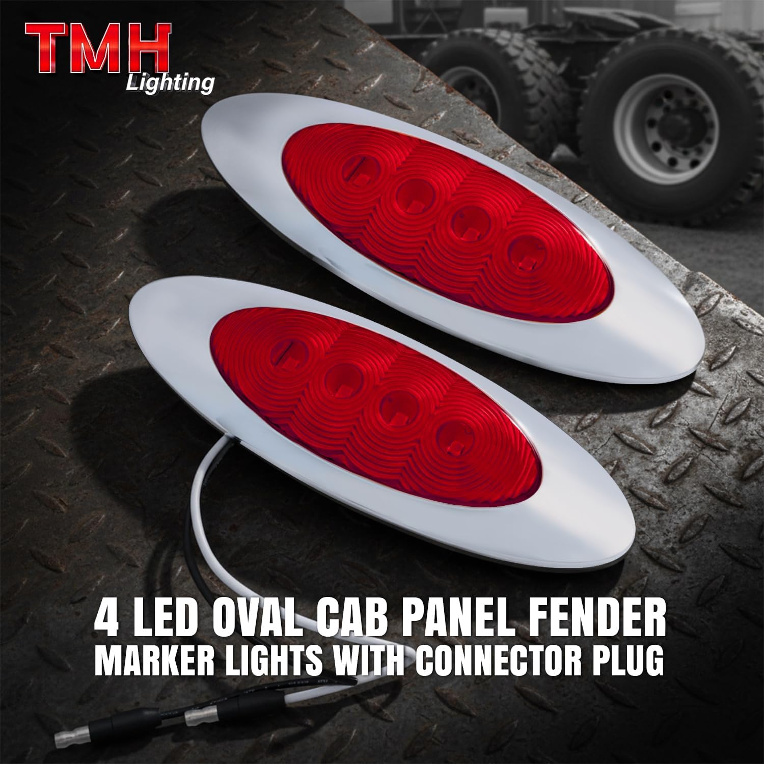 TMH 6-5/8 Oval Red 4LED Side Marker Clearance Lights with Connector Plug Turn Signal Compatible with Peter-bilt Ken-worth Freightli-ner, 12V DC (10 Pcs)