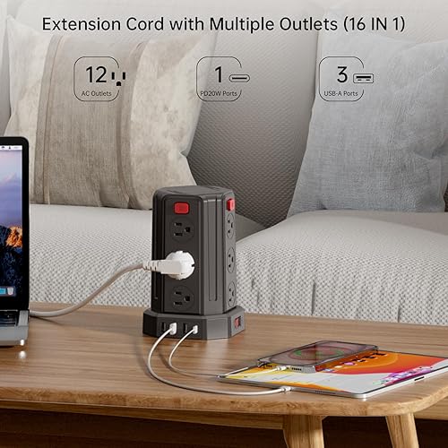 Miniatura 2 de PD - Regleta de alimentación de 20 W con cable de extensión de 10 pies, regleta protectora de sobretensiones con puertos USB en torre (10