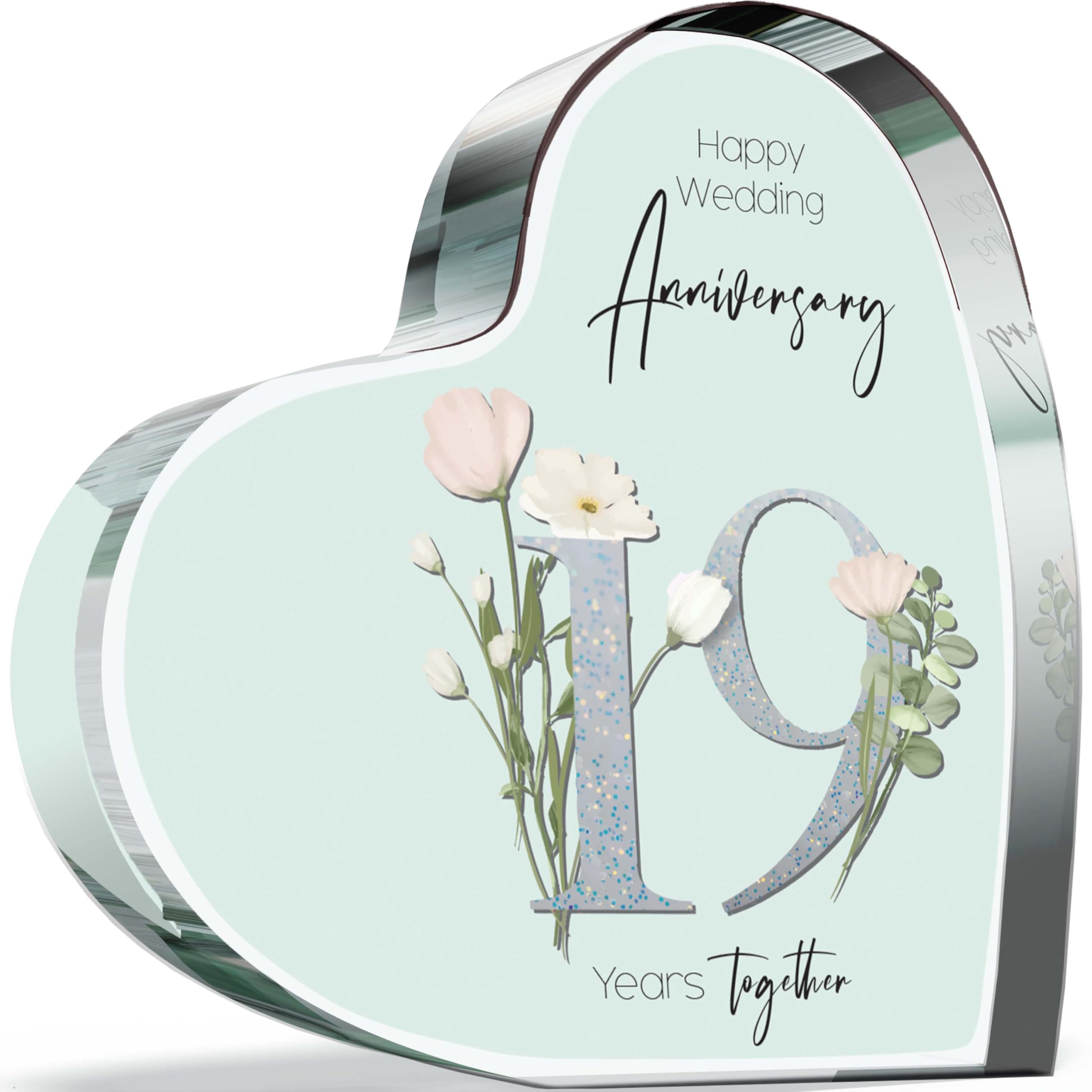 Giftzie Women's 19 Th Anniversary Plaque Gifts For Wife Husband - Years Together - I Love You Romantic Acrylic Heart Gift For Men, 100Mm Floral Present For Couples Nineteenth Anniversaries