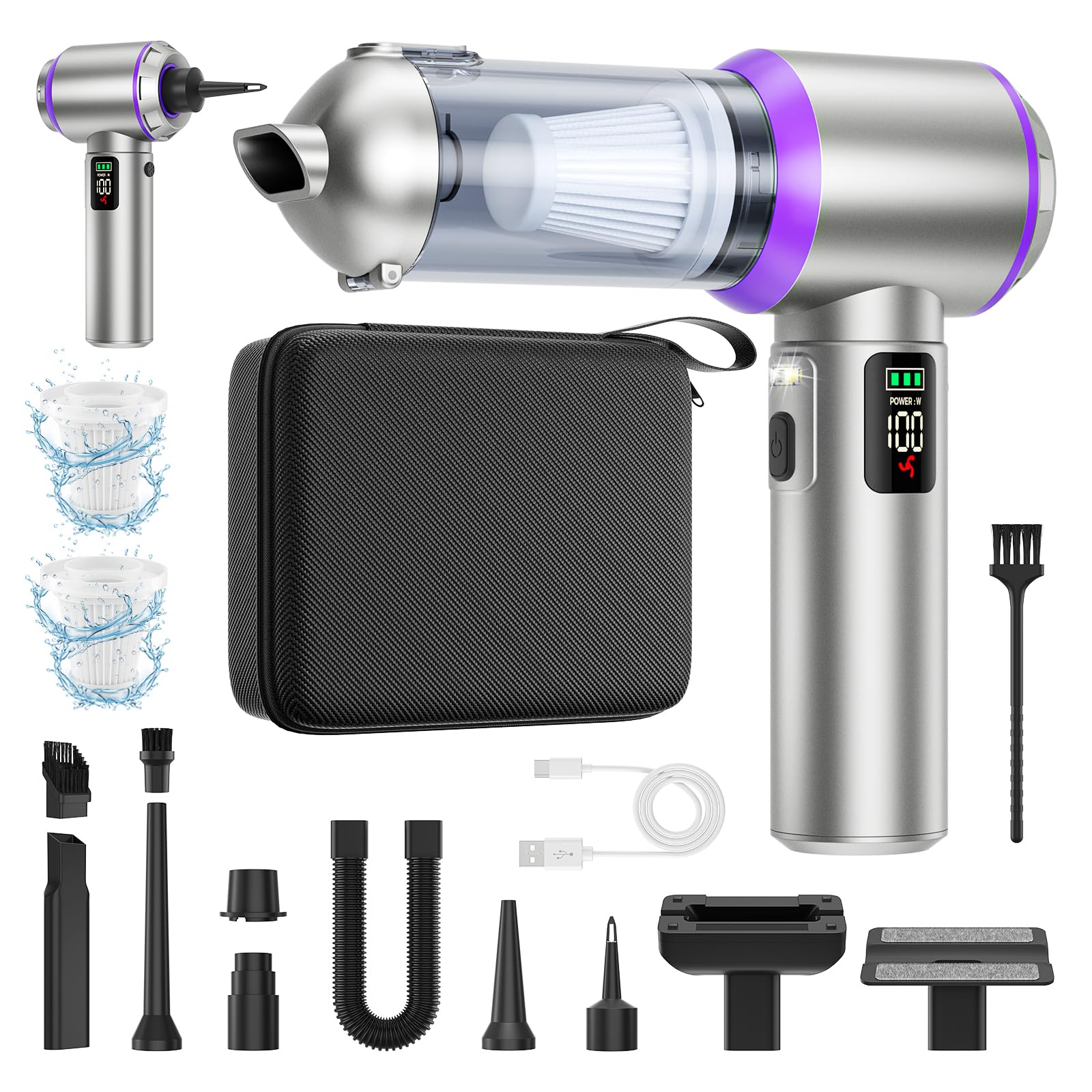 Car Vacuum Cleaner Cordless Powerful 25000Pa, 4 in 1 Car Hoovers Cordless Powerful 3 Speed, Blowing/Inflation/Suction Handheld Vacuum Cleaner with LED Display & Light, Storage Case (Silver)