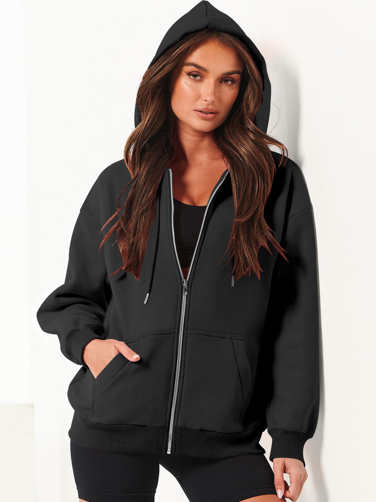 Damskie bluzy z kapturem oversize z zamkiem błyskawicznym bluzy Y2K ubrania urocza nastolatka jesień kurtki na co dzień z kieszeniami