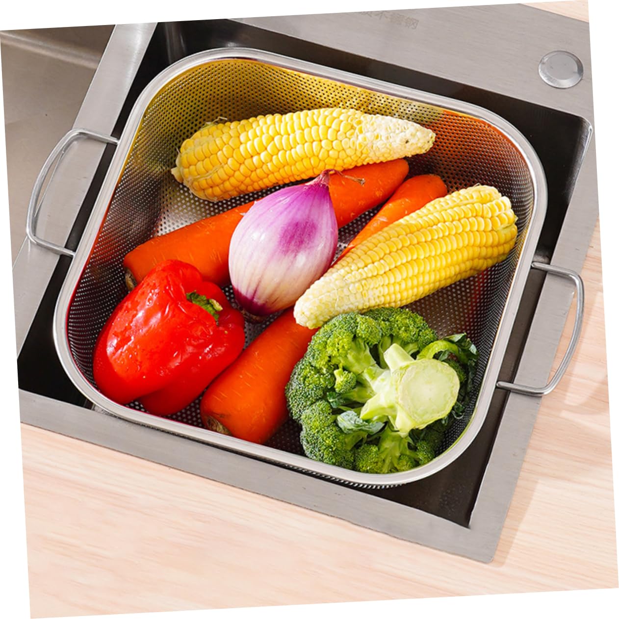 OUNONA Colador de Arroz de Acero Inoxidable Cesta de Drenaje Cocina con Asas Dobles para Frutas Verduras y Arroz