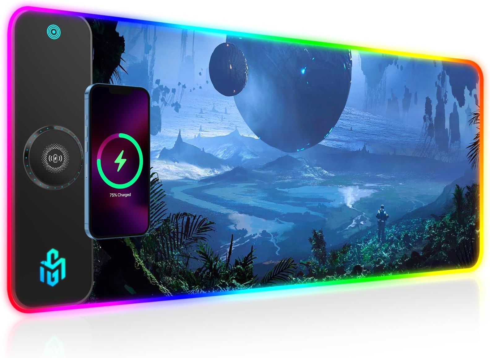 Wireless Charging RGB Gaming Mouse Pad 15W, LED Mouse Mat 800x300x4MM, 10 Light Modes Extra Large Mousepad Non-Slip Rubber Base Computer Keyboard Mat for Gaming (Magnetism-Planetary Dreams)