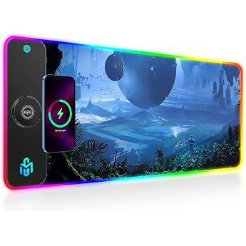 RGB Gaming Mouse Mat 15W Qi Mouse Mat LED 10 Lighting Modes with 15W Quick Charge Qi Wireless Charging for iPhone Mobile Phone Headphones Waterproof Non-Slip for Gaming Desks Starry Sky