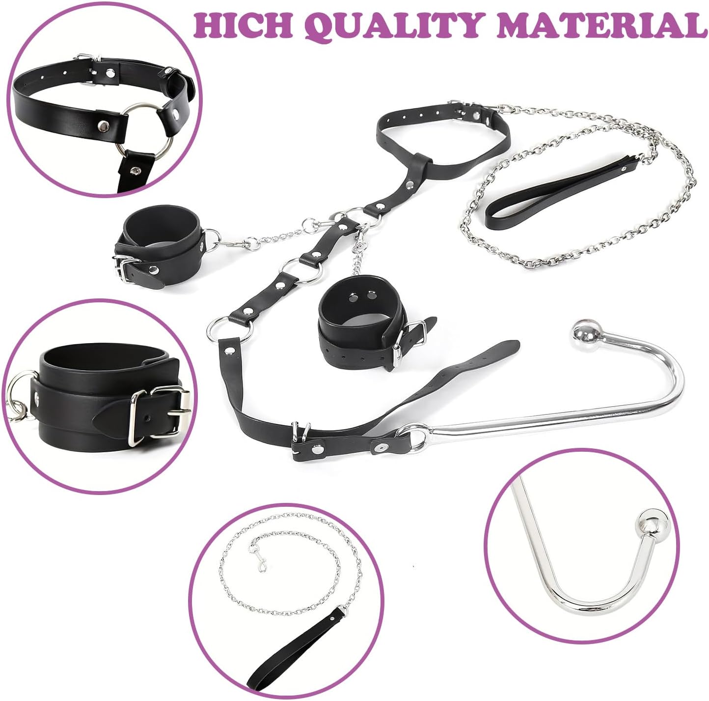 Anal Plug Hook with Adjustable Handcuffs Towing Rope Anal Hook Restraints Bondage Collar Neck Anal Hook Sex Bondage Set with Butt Plug BDSM Leather Sex Restraints SM Fetish Toy for Couple Lovers