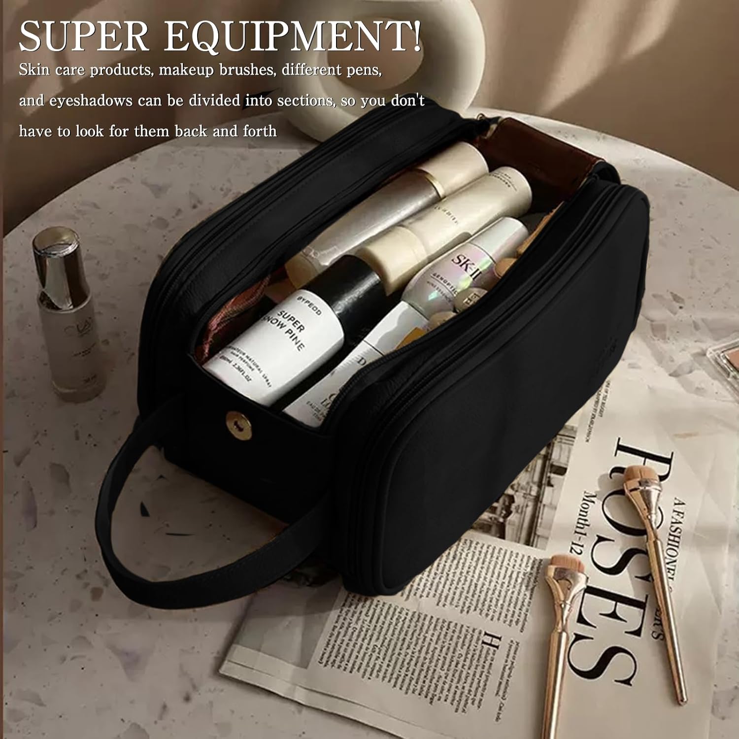 3 Tier Large Capacity Cosmetic Makeup Bag with Double Zipper and Wide Opening Portable Travel Organizer for Makeup and Toiletries (Black)