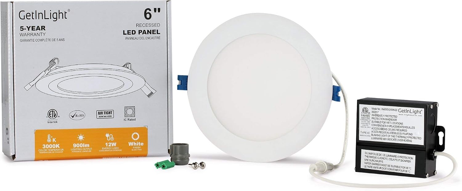 GetInLight Slim Dimmable 6 Inch LED Recessed Lighting, Round Ceiling Panel, Junction Box Included, 3000K(Soft White), 12W(60W Equivalent), 900lm, White Finished, cETLus Listed, IN-0303-3-WH-30