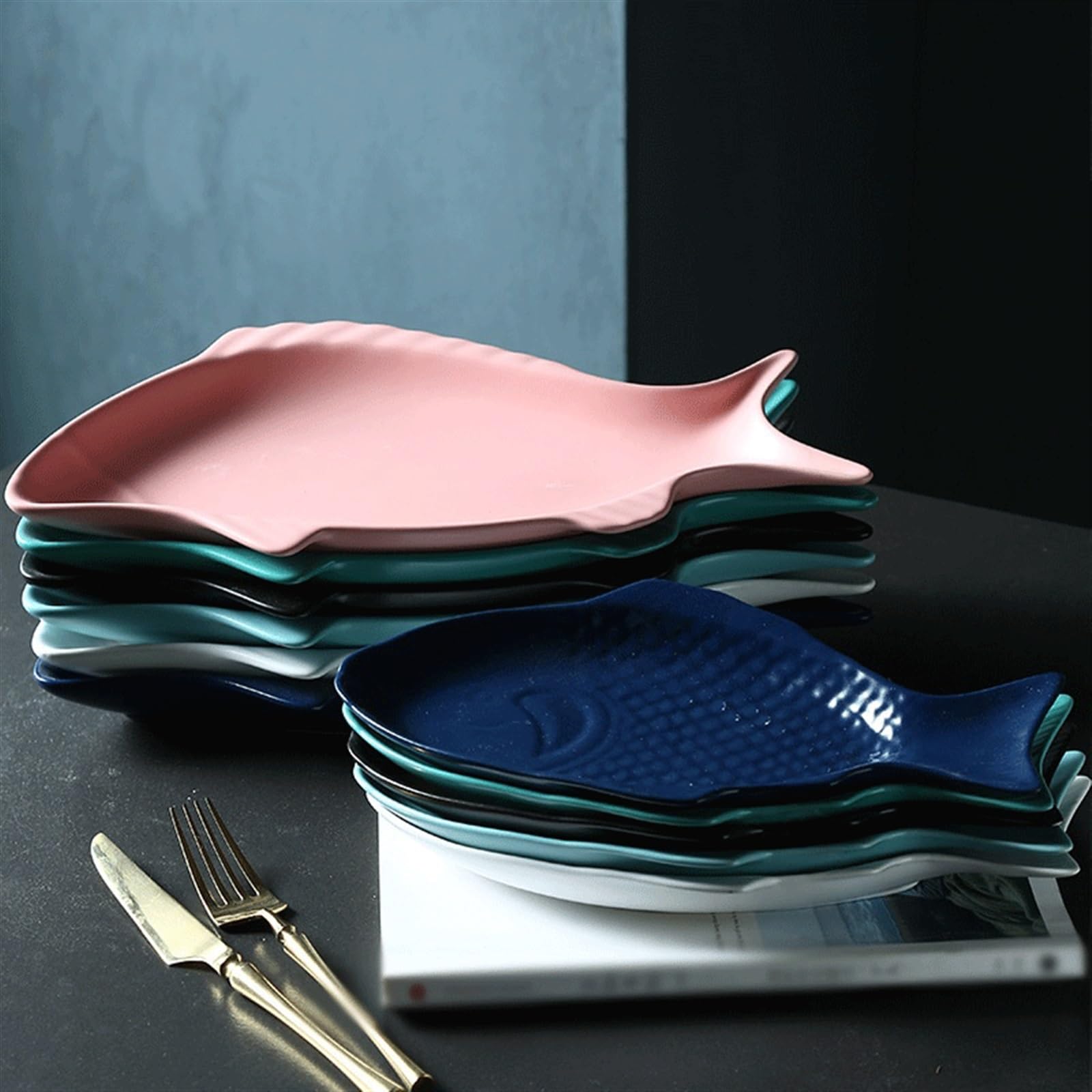 Talerz Nieregularny talerz ceramiczny w kształcie ryby Prostokątny rybny gotowany na parze Ceramiczny obiadowy Rodzinny do jadalni dla restauracji hotelowej(Green)